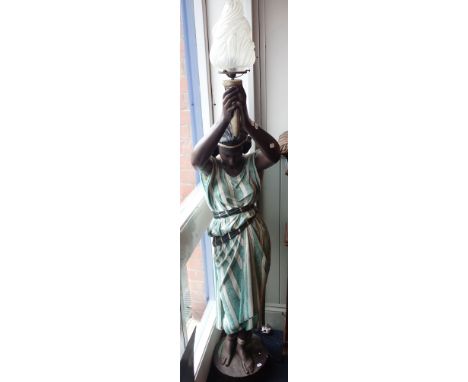 A LARGE CAST METAL AND PAINTED FIGURAL STANDARD LAMP 20th century, in the Art Deco style, on a pedestal base with foundry mar