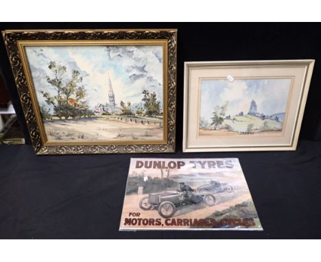 OIL OF SALISBURY with a water Colour of Corfe and a Dunlop Tyres reproduction metal sign 