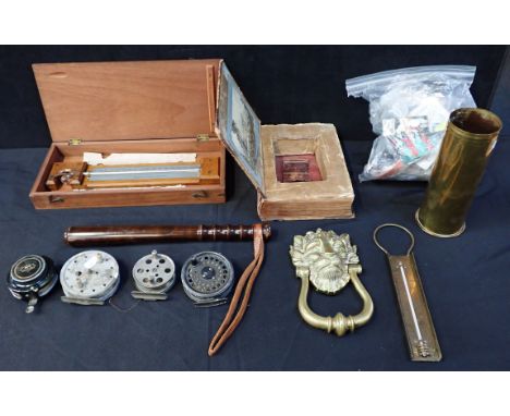 NEGRETTI &amp; ZAMBRA'S MINIMUM SELF-REGISTERING THERMOMETER cased, a truncheon, shell case, brass door knocker, buttons and 