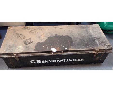 A JAPANNED UNIFORM TRUNK containing a collection of vintage magazines and periodicals