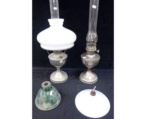 AN INDUSTRIAL ENAMELLED LIGHT SHADE a conical white glass shade, and two 'Famos' oil lamps, one with white moulded glass shad