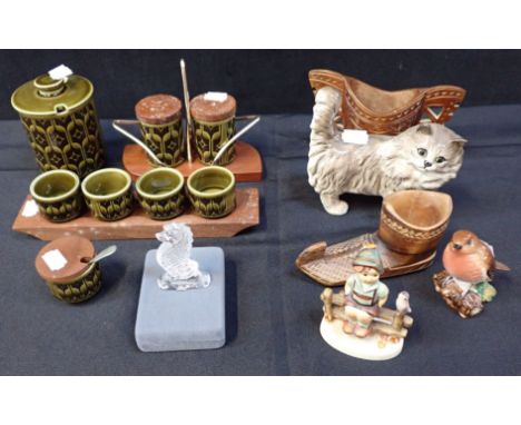 A SET OF 1960s HORNSEA EGG CUPS AND CONDIMENTS Two Norwegian wooden items, Beswick cat, Beswick bird, Waterford horse, Hummel