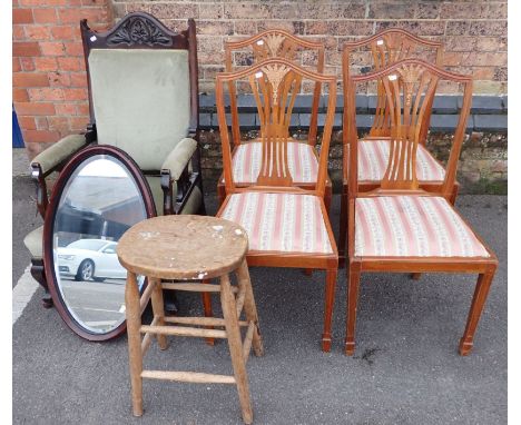 A SMALL COLLECTION OF FURNITURE including an elm stool, 20th century, 59cm high, a set of four reproduction dining chairs, 95