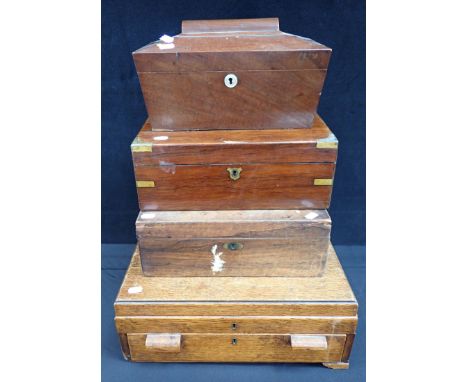 A 19TH CENTURY MAHOGANY SARCOPHAGUS TEA CADDY a rosewood writing box, another in walnut, and an Art deco Mappin and Webb oak 