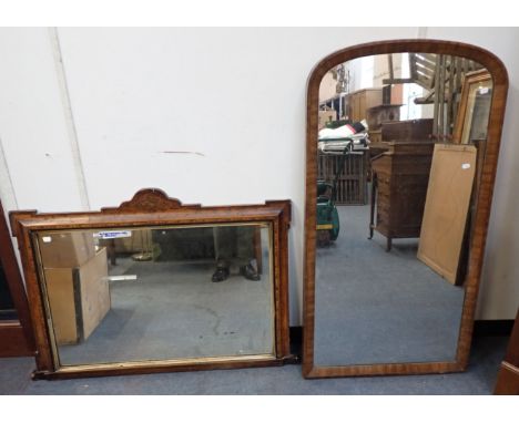 A VICTORIAN WALNUT AND PARQUETRY BANDED OVERMANTEL MIRROR the top with shaped profile and parquetry centre 109cm wide, and a 