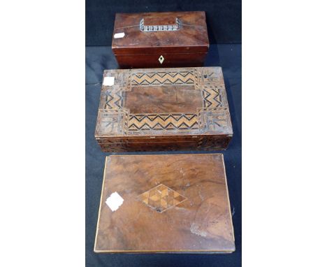 A VICTORIAN WALNUT AND PARQUETRY BOX 7cm high x 26cm wide x 18cm deep, a Victorian mahogany sarcophagus shaped tea caddy, one