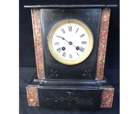 A VICTORIAN BLACK SLATE AND RED VARIEGATED MARBLE MANTEL CLOCK 28cm high, lacking bell