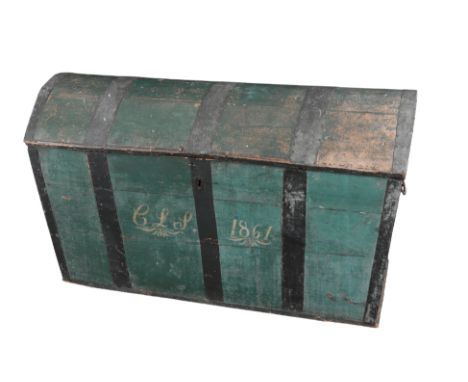 A GREEN-PAINTED AND METAL BOUND TRUNK the domed top opening to a vacant interior, the facade inscribed 'C L S 1861', 79cm hig
