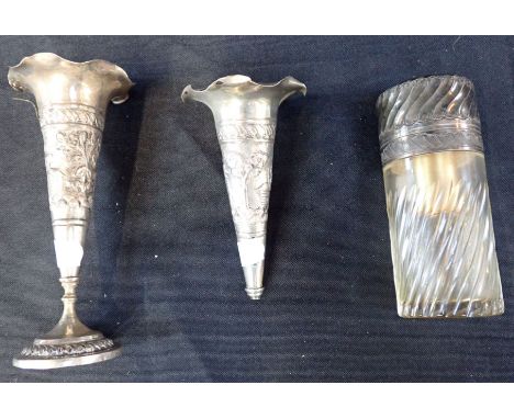 TWO PERANKAN WHITE METAL SPECIMEN VASES 13cm high, one lacking base, and a white metal topped cut glass perfume atomiser (lac