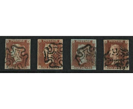 Great Britain 1841 1d red-brown printings from the black plates, all with four margins: plate 5 (P-C); plate 8 (R-L) third re