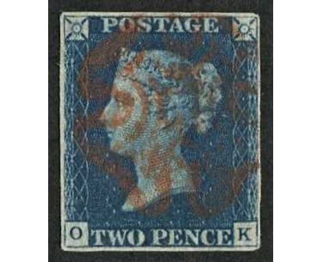 Great Britain 1840 2d blue plate 2 (O-K), four margins, with the red MX scarcer on this plate, SG.Spec.DS8f. Light thin at th