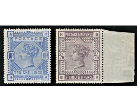 Great Britain 1883-'84 2/6d lilac and 10/- ultramarine, both mint with very fresh appearance, each with a light vertical bend