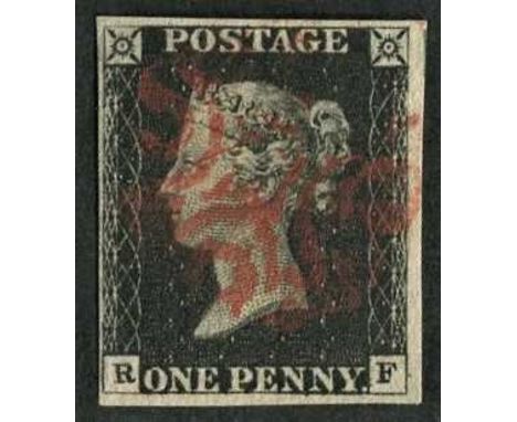 Great Britain 1840 1d black plate 1b (R-F) showing recut side-line, SG.Spec.AS5h. Four margins and red MX cancel.