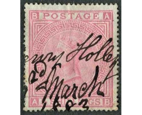 Great Britain 1882 5/- rose on blued paper, SG.130, with unusual manuscript accounting cancellation. Horizontal and corner cr