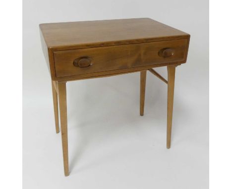 A 1960s Ercol blond elm Windsor 437 single drawer side table, raised on square slightly tapering supports united by turned up