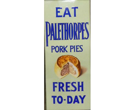 An early 20th century enamel on metal wall mounted advertising sign 'EAT PALETHORPES PORK PIES FRESH TO-DAY', housed in a pla