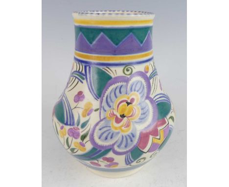 A Poole Pottery floral decorated vase, of lower squat baluster form, typically bright stylised hand-decorated, stamped marks 