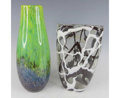 A contemporary art glass vase, of slightly teardrop shape, with bright colour cased and trailing decoration, h.37cm; together