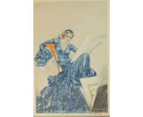 Louis Icart (1888-1950) - Seated lady in a blue dress, lithograph printed in colours, signed in pencil to lower right margin,