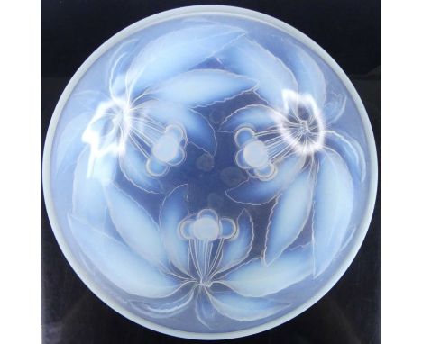 A French Art Deco opalescent press moulded glass bowl by Vallon, the exterior moulded with cherries and leaves, raised signat