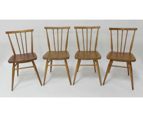 Two pairs of 1960s Ercol blond elm model 391 stickback kitchen chairs, raised on turned slightly tapering supports, w.40cm (4