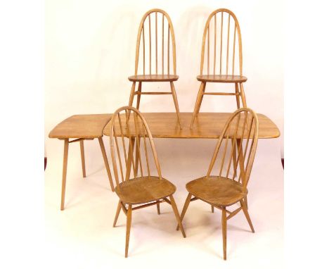 A 1960s Ercol blond elm dining suite, comprising; Windsor 382 dining table with rounded corners and separate extension end se
