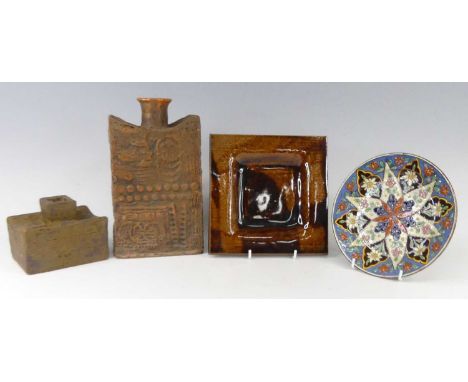 A collection of sundry studio pottery, comprising; a painted slab-sided vase with landscape and geometric decoration, h.26.5c