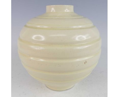 An early 20th century pottery vase by C.H. Brannam Ltd of Barnstaple, of bulbous concentric banded form, underglaze monochrom