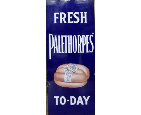 An early 20th century enamel on metal wall mounted advertising sign 'FRESH PALETHORPES' TO-DAY', housed in a plain oak frame 