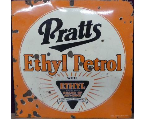 An early 20th century enamel on metal wall mounted advertising sign for 'Pratts Ethyl Petrol', by Stocal, Burton &amp; B'ham,