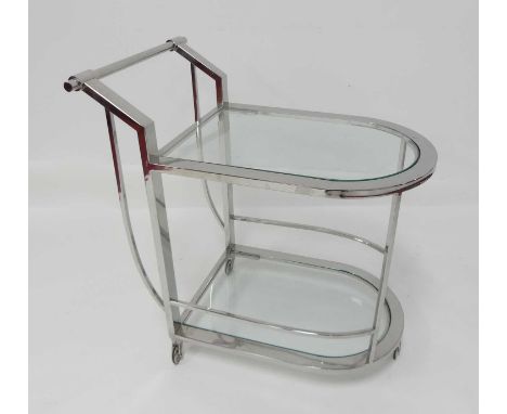A contemporary chrome and glass inset two-tier drinks trolley, probably Italian, having angular raised end handle, on roller 