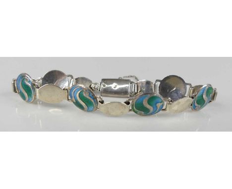 An Art Nouveau silver and enamel bracelet by Stainton Brothers, of flattened and paneled gatelink form, with finelink safety 