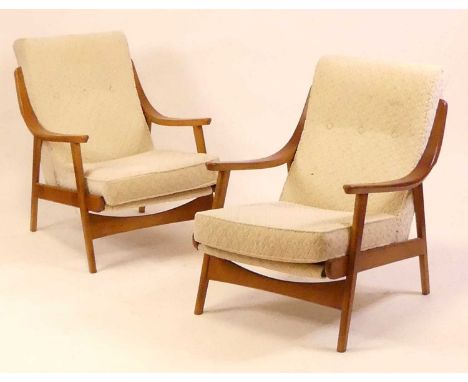 A pair of 1960s Beautility beech framed open armchairs, cream fabric button back upholstered with squab cushions, sprung seat