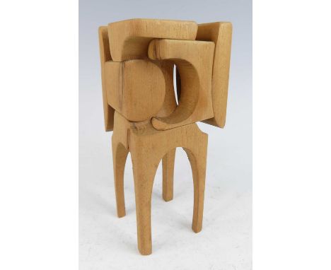  Brian Willsher (1930-2010) - a raised interlocking wood sculpture, on elongated arched supports, signed in pen and dated 200