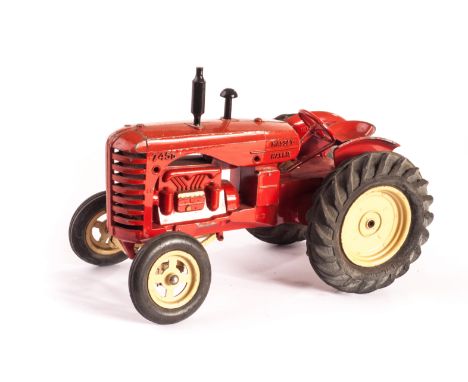 Early Lesney Products Scale Model Massey-Harris Tractor, 1955, red body, fawn riveted wheels, black exhaust and air inlet, ru