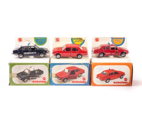 Mattel Mebetoys A76 Alfa Romeo Alfetta (2), A92 Alfetta Fire Service, A82 Alfetta Military Police (2), A83 Alfetta Police Ser