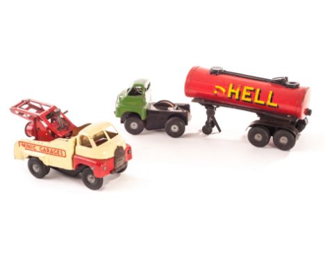 A Tri-ang Minic Large Scale Shell BP Articulated Tanker, with black cab and green tanker with Breakdown Truck with electric l