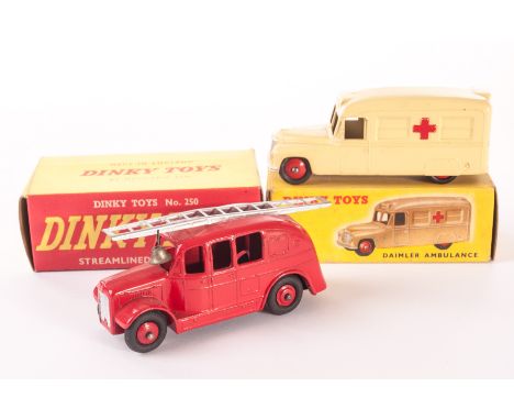 A Dinky Toys 250 Streamlined Fire Engine, 253 Daimler Ambulance, cream body, in original boxes, VG-E, boxes G-VG (2) 