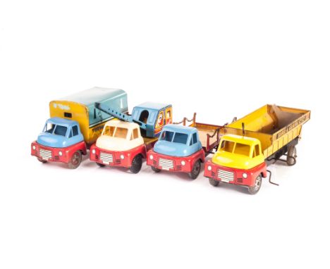 Wells Welso and Brimtoy large scale commercial vehicles: clockwork Toytown Painters and Decorators Van, Flat bed Truck with c