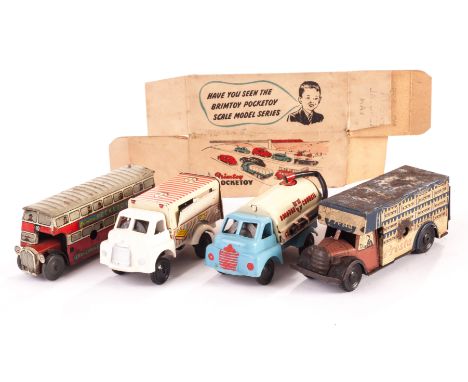 Wells Brimtoy Pocket Toys plastic and tin Commercial Vehicles, including Refreshment, Refuse (metal cab), Breakdown, Cider, S