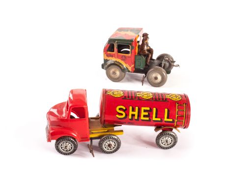 A Mettoy clockwork or similar Shell BP Tanker and Army Cab: Shell BP Tanker with red plastic cab and red tin tank with yellow