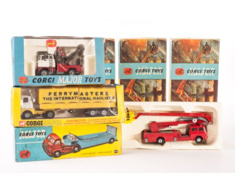 Corgi Major Toys, 1100 Carrimore Low-Loader, yellow cab, 1142 Holmes Wrecker Recovery Vehicle, 1147 Ferrymasters, 1127 Simon 