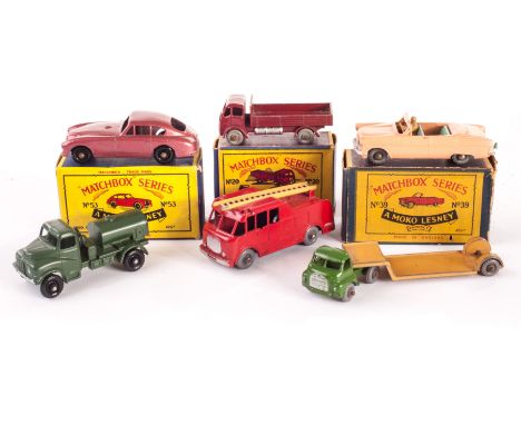 Matchbox Lesney 1-75 Series, No.39 Ford Zodiac Convertible, No.53 Aston Martin, No.9 Fire Engine, No.71 Army Water Truck, No.