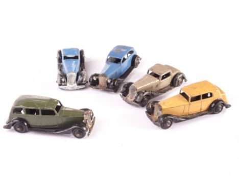Early Post-War Dinky Toy Cars, 30c Daimler, beige, 30b Rolls Royce, blue, 30d Vauxhall, dark olive green, all with open chass