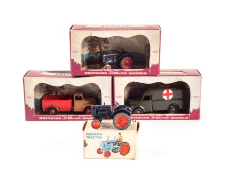 Britains boxed Lilliput vehicles, military ambulance, 1 1/2 ton truck, tractor (2), boxes G, minor wear and tears, vehicles G