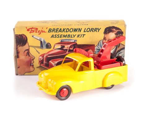 A Beeju Plastic Breakdown Lorry Assembly Kit, yellow lorry body, crane, tool box, floodlights, six wheels, two axles, two pet