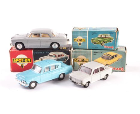 A Tri-ang Spot-On No.193 NSU Prinz 4, white, No.259 Ford Consul Classic, light blue, No.157/SL Rover 3 Litre with lights, gre