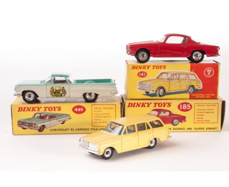 A Dinky Toys 449 Chevrolet El Camino, 141 Vauxhall Victor Estate, yellow body, blue interior, 185 Alfa Romeo 1900, red body, 