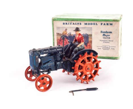 Britains 127 F boxed spud wheel Fordson Major tractor, F-G box base G, lid dirty, 2 split corners, scuffed end label, 1 tract