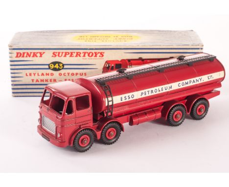 A Dinky Toys 943 Leyland Octopus Tanker ‘Esso’, dark red body and hubs, in original box, VG, lacks spare tyre, box F-G 